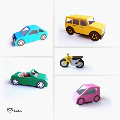 CARS AND MOTORBIKE. 5 Paper Toys. SVG
