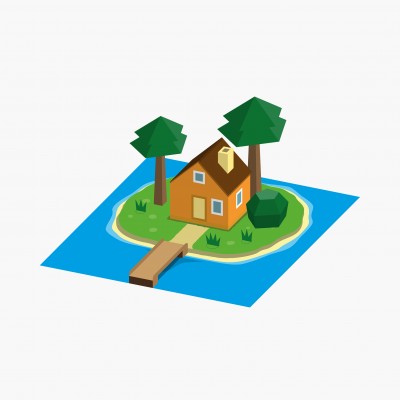 House on an Island with Pine Trees