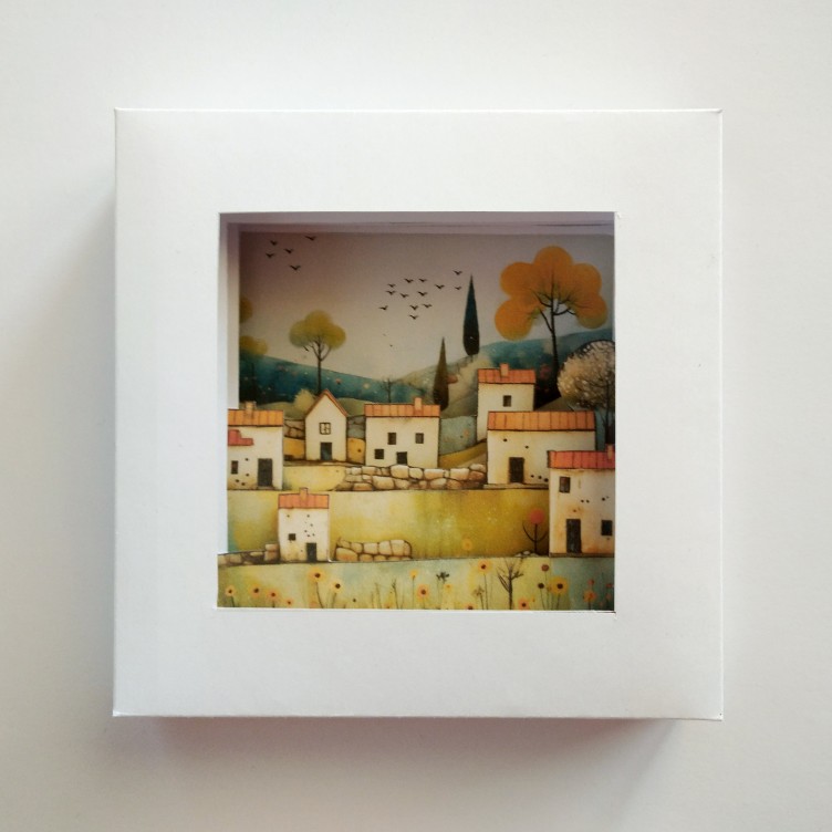 Shadow Box Template. Landscape with Houses